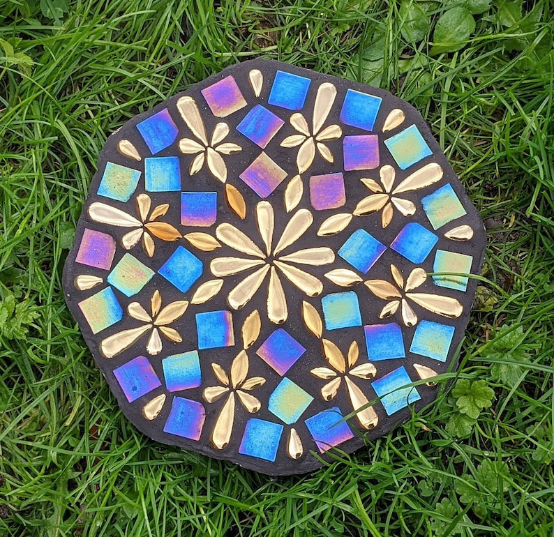 garden ornament stepping stone iridescent mosaic golden flower mirrored petal rainbow decorative mystic fairy diesel glass pebble paver image 3