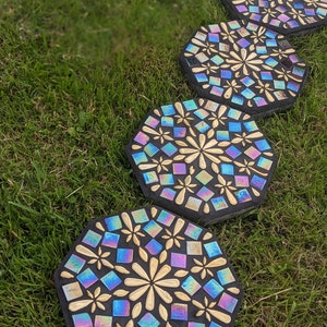 garden ornament stepping stone iridescent mosaic golden flower mirrored petal rainbow decorative mystic fairy diesel glass pebble paver image 1