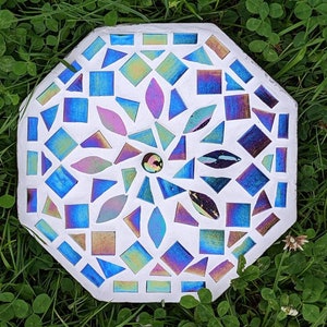 GARDEN STEPPING STONE iridescent mosaic mirrored garden ornament rainbow mandala petal decorative mystic fairy garden flower gardener gift image 9