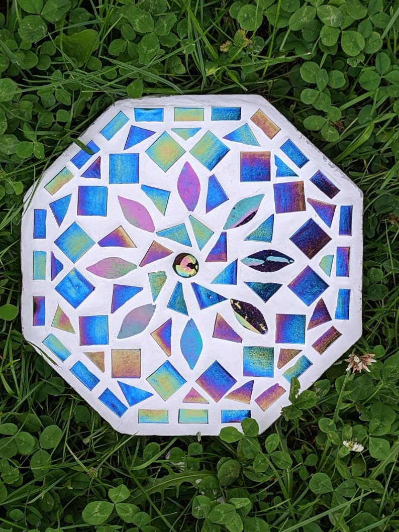 GARDEN STEPPING STONE iridescent mosaic mirrored garden ornament rainbow mandala petal decorative mystic fairy garden flower gardener gift image 9