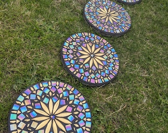 3 garden Stepping stones golden flower ceramic petals, iridescent mosaic rainbow mirrored glass 30cm (12") round pavers yoga spot fairy