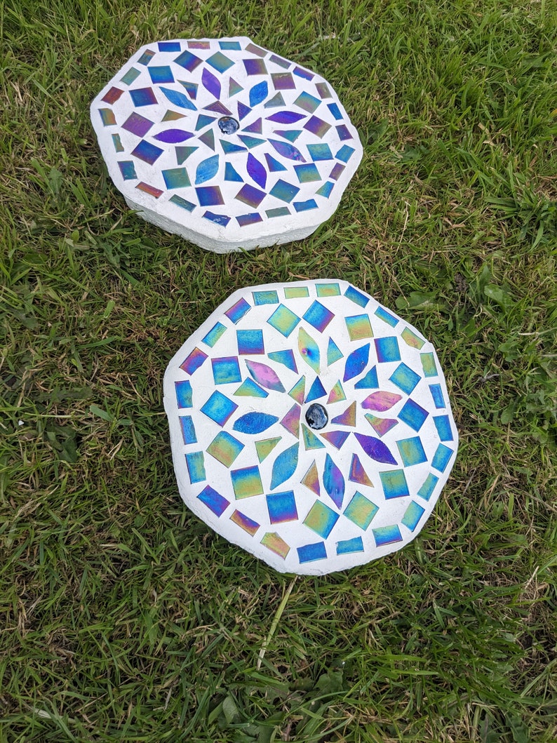 GARDEN STEPPING STONE iridescent mosaic mirrored garden ornament rainbow mandala petal decorative mystic fairy garden flower gardener gift image 6