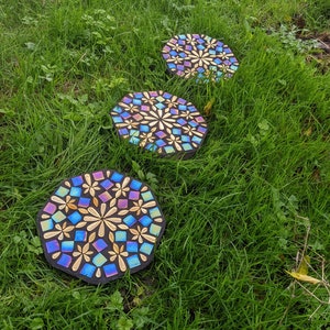 garden ornament stepping stone iridescent mosaic golden flower mirrored petal rainbow decorative mystic fairy diesel glass pebble paver image 5