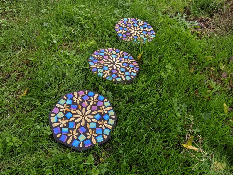 garden ornament stepping stone iridescent mosaic golden flower mirrored petal rainbow decorative mystic fairy diesel glass pebble paver image 5