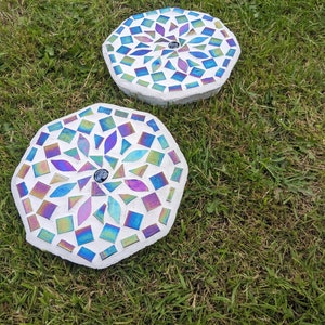 GARDEN STEPPING STONE iridescent mosaic mirrored garden ornament rainbow mandala petal decorative mystic fairy garden flower gardener gift image 4