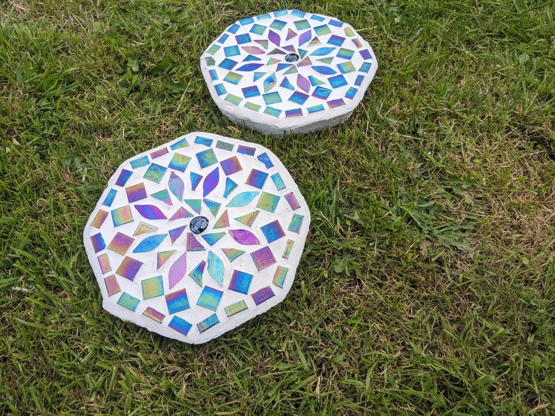 GARDEN STEPPING STONE iridescent mosaic mirrored garden ornament rainbow mandala petal decorative mystic fairy garden flower gardener gift image 4