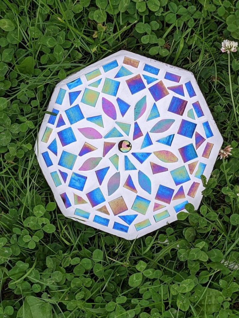 GARDEN STEPPING STONE iridescent mosaic mirrored garden ornament rainbow mandala petal decorative mystic fairy garden flower gardener gift image 7