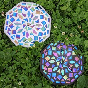 GARDEN STEPPING STONE iridescent mosaic mirrored garden ornament rainbow mandala petal decorative mystic fairy garden flower gardener gift image 8