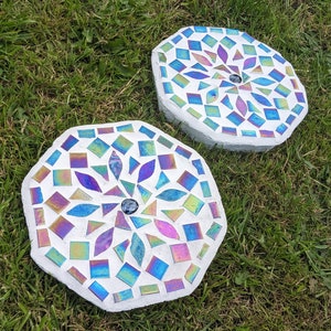 GARDEN STEPPING STONE iridescent mosaic  mirrored  garden ornament rainbow mandala petal decorative mystic fairy garden flower gardener gift