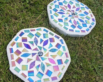 GARDEN STEPPING STONE iridescent mosaic  mirrored  garden ornament rainbow mandala petal decorative mystic fairy garden flower gardener gift