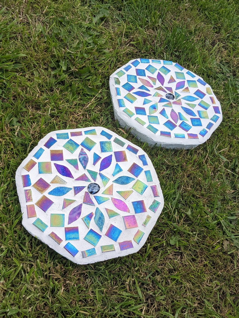 GARDEN STEPPING STONE iridescent mosaic mirrored garden ornament rainbow mandala petal decorative mystic fairy garden flower gardener gift image 1