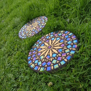 garden Stepping stone  golden flower ceramic petals,  iridescent mosaic rainbow mirrored glass 30cm (12") round paver yoga spot fairy garden