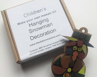 Childrens craft kit make your own mosaic decorate a hanging snowman decoration kit 10x10cm kids wooden tiles set lots of different shapes