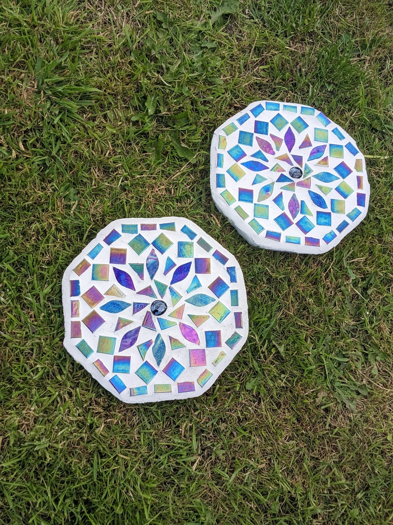 GARDEN STEPPING STONE iridescent mosaic mirrored garden ornament rainbow mandala petal decorative mystic fairy garden flower gardener gift image 3