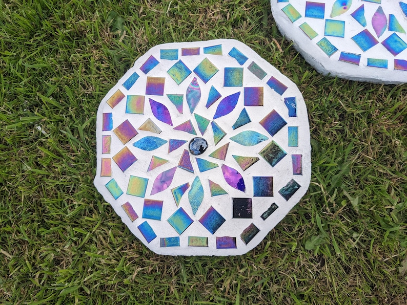 GARDEN STEPPING STONE iridescent mosaic mirrored garden ornament rainbow mandala petal decorative mystic fairy garden flower gardener gift image 5