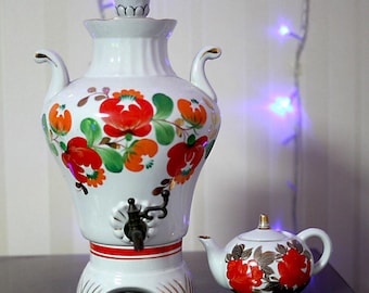 Soviet Ukrainian Samovar Electric Porcelain Teapot Painted Work White Floral Glazed China 1980s From Ukraine Soviet Union USSR