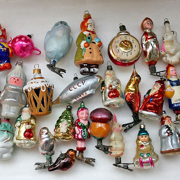 Retro Christmas Decor Glass Baubles Ornaments Decorations set of  30 1960s -70 from Soviet Union