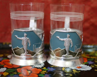 Set of 2 traditional aluminum tea coasters with glasses on a tray - 1980s, - from Ukraine