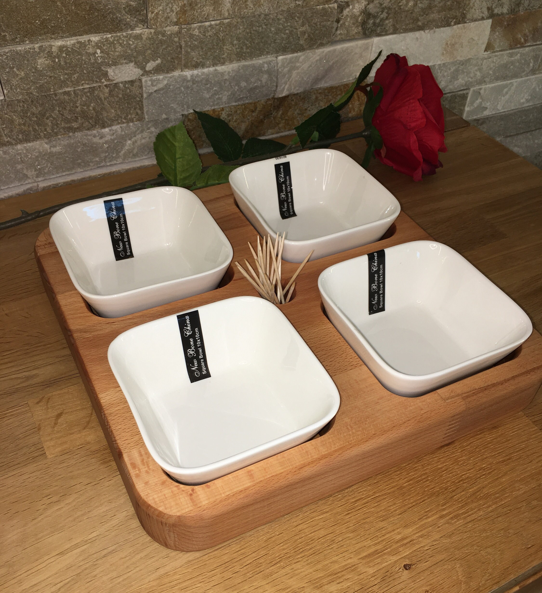 Serving Tray Made of Solid Beech Wood With 4 Ceramic Bowls Etsy UK