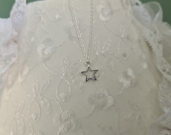 Silver Hollow Star Necklace, Celestial Charm, Thin Chain, Gift for Her