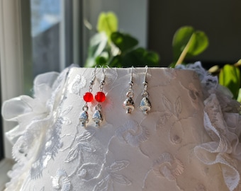 Mushroom drop earrings, hypoallergenic, silver mushroom earrings, dangle silver earrings, red ruby gem, cottagecore mushroom drop earrings