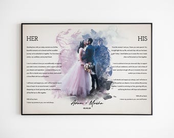 Framed Wedding Vows: His and Hers with Photo to Watercolor Portrait