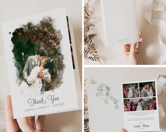 Portrait Watercolor Wedding Thank Your Cards: Custom Photo Folded Card