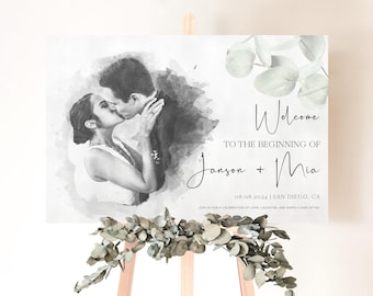 Wedding Welcome Sign: Personalized Watercolor Portrait Large Canvas or Foam Board Print
