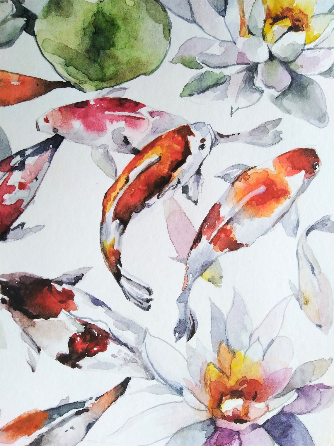 Watercolor Large Koi Fish Painting 9 Nine Fish Feng Shui Etsy