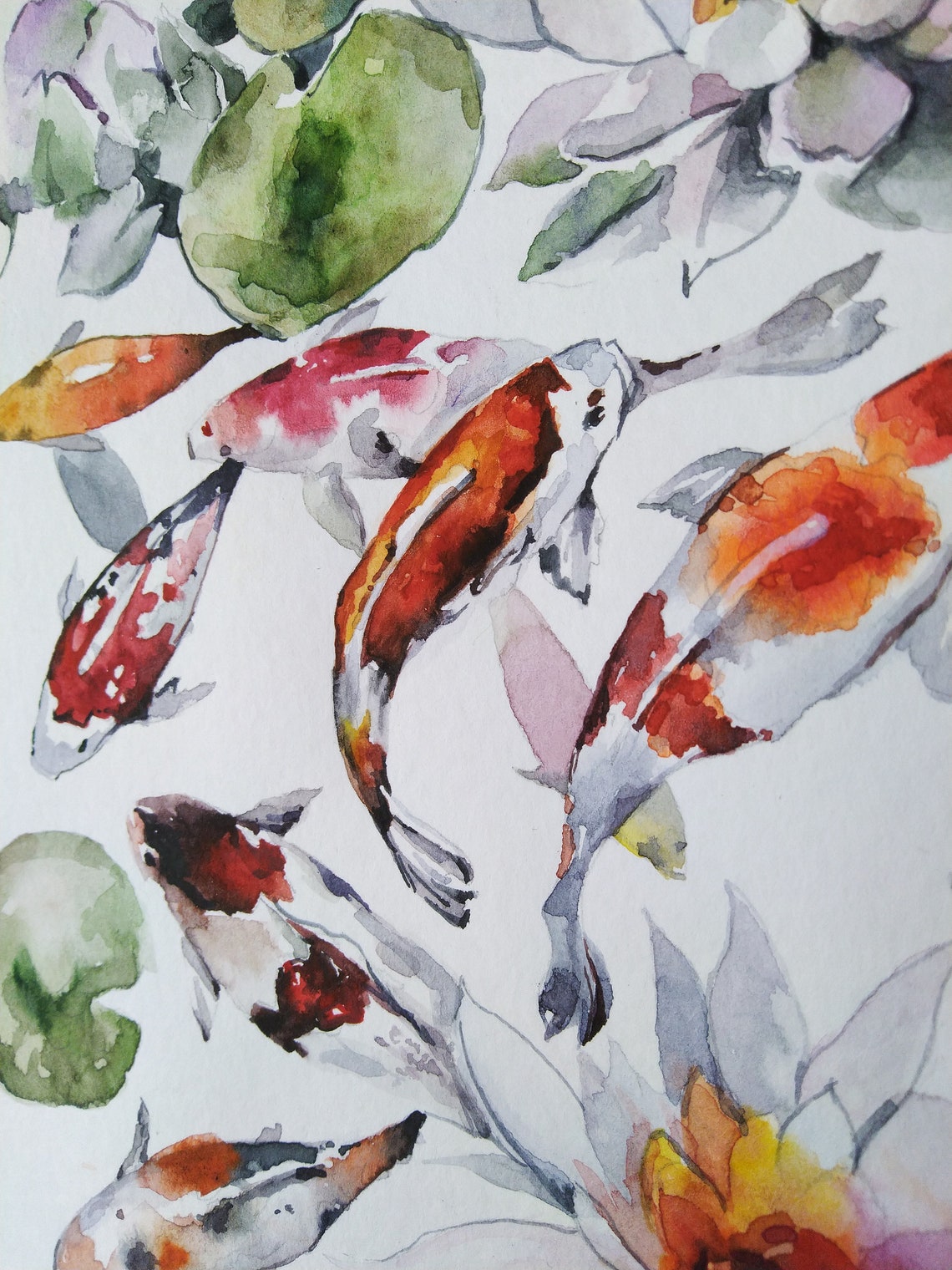 Watercolor Large Koi Fish Painting 9 Nine Fish Feng Shui Etsy
