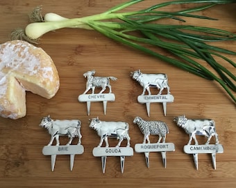cheese picks - cheese nameplates - Cheese labels - French and Dutch Silver-colored Vintage cheese labels - cow-sheep-goat - Silea