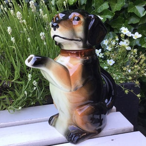 Op de afbeelding: Een bruine en zwarte keramische theepot in de vorm van een hond. De theepot heeft een bruine kraag en een zwarte tuit. De hond zit op een wit oppervlak.