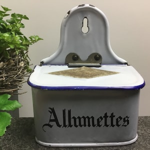 Enamelled Lucifer waste bin in white enamel Ca.1930 decorative vintage kitchen utensil - kitchen decoration