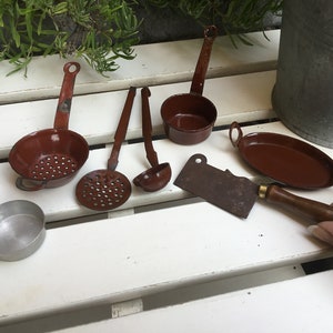 Enamel Toys Kitchen Utensils - Brown Enamel Skimmer, Sieve, Ladle, Pans and a Mini Meat Cleaver with Wooden Handle Ca.1920