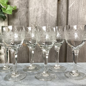 Old Port Glasses - Needle Etched Port Glass - Made circa 1920 - Beautiful Gift - Bar - Set of 6 Antique Glasses