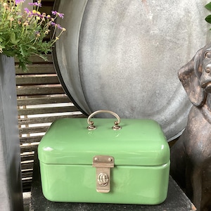 May include: A light green, rectangular box with a gold-colored handle and clasp. The box is glossy and appears to be made of metal. A decorative dog statue is in the background, along with a metal container and potted flowers.