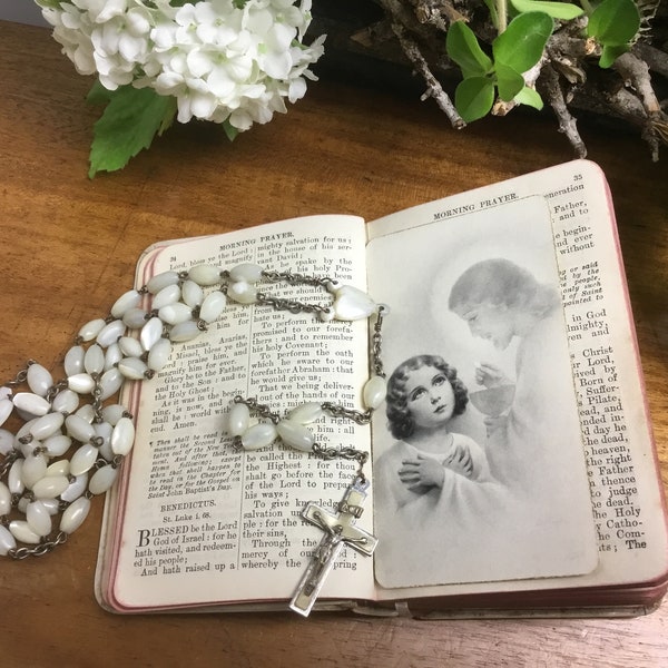 Vintage mother-of-pearl Rosary of prayer beads and silver-plated parts such as the Cross Ca.1950