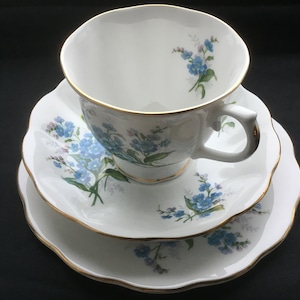 Vintage tea party, Tea / coffee Cup and Saucer with cake plate Royal Albert decor Forget-Me-Not Ca.1980 English High Tea