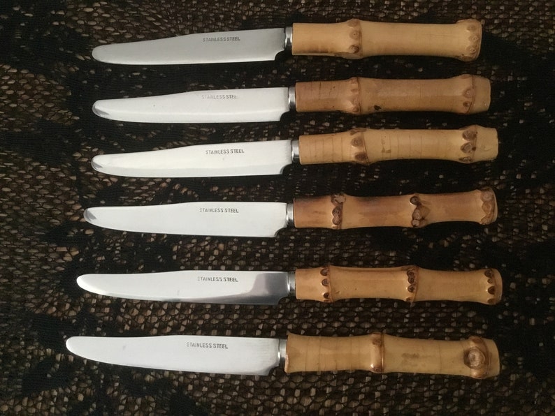 Bamboo Knives Vintage Bamboo Knife Holder With 6 Knives Mid Etsy UK