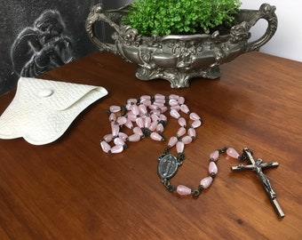 Old Vintage Rosary with Pink mother-of-pearl-like stones and silver-plated cross in a nice white rosary case made around 1950