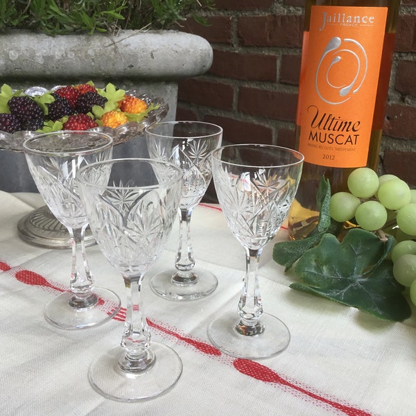 4 French Crystal Liqueur Glasses on a high 6-sided stem from approx. 1940s chic crystal cut