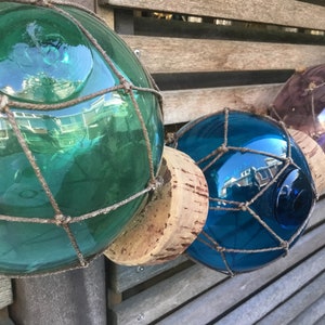Floating ball - fishing net float - old glass fishing balls made of glass in very special special colors - rope with cork decorative Ca. 1930
