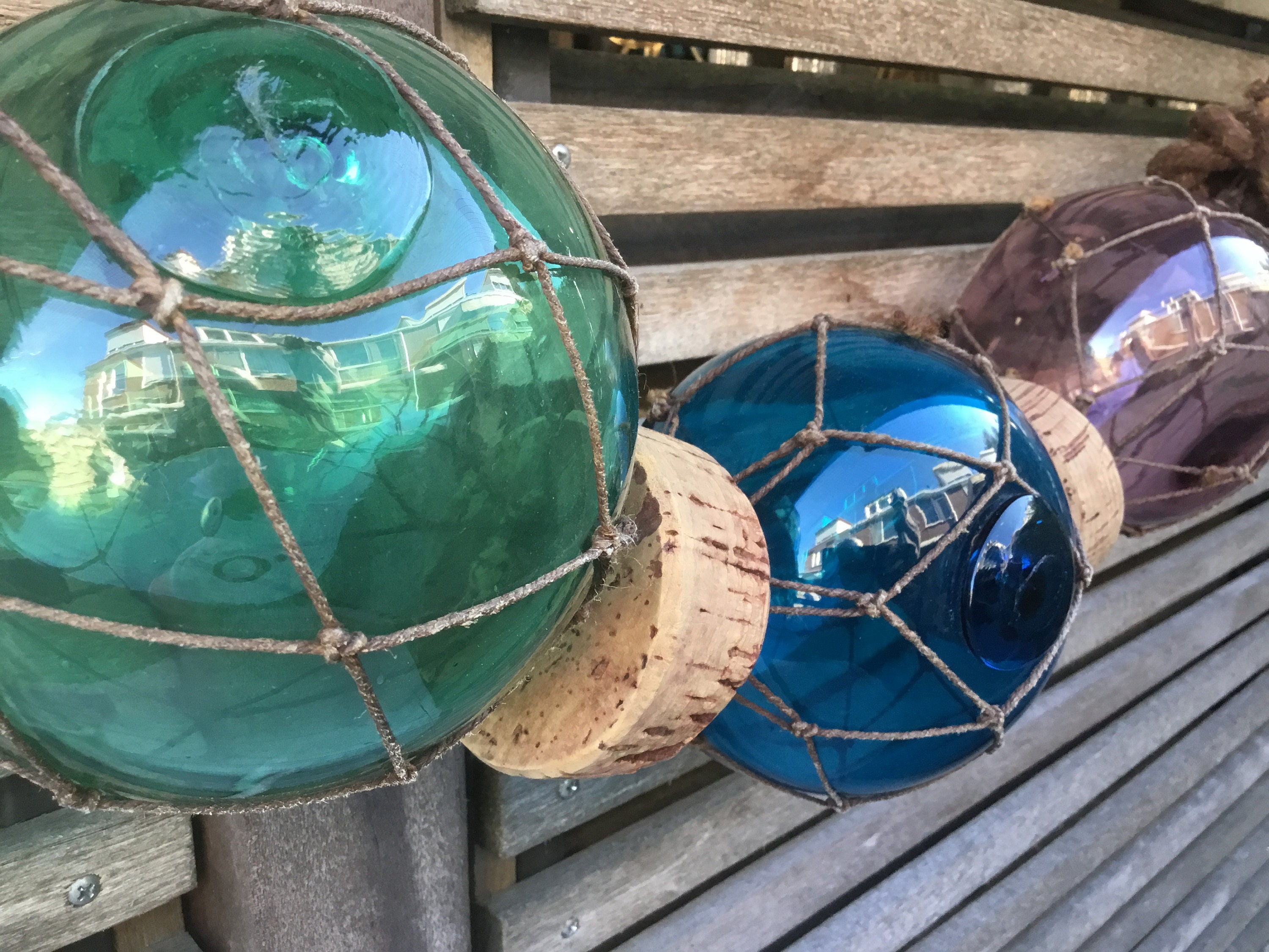 6 Glass Fishing Floats On Rope - Aqua & Cobalt Blue Styles - Fish Net Buoy  Ball - Nautical Beach Decor - w/ Jute Rope Netting