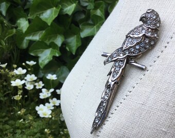 Broche Vintage Perroquet Perruche En Argent Massif Avec Marcassite - Poinçon Crabe, Occasion