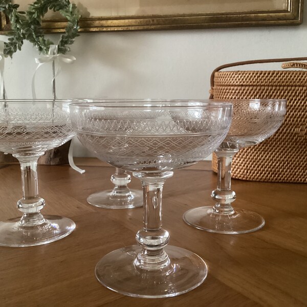 Antique crystal champagne coupes beautifully needle etched - decorated with elegant edge motifs - set of 4 coupes