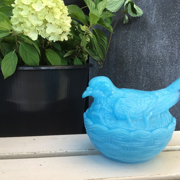 light blue pressed glass Pigeon on Nest - Glass Jar - Antique Lid Jar made around 1910 - 1920