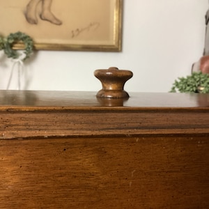 Può includere: Primo piano di un mobile in legno con finitura marrone scuro. Il mobile ha un design semplice con un solo pomello sulla parte superiore.