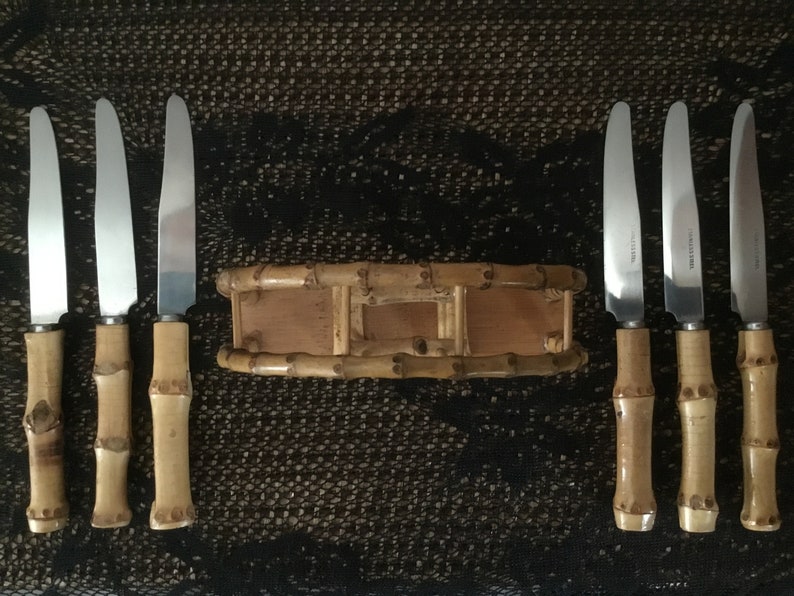 Bamboo Knives Vintage Bamboo Knife Holder With 6 Knives Mid Etsy UK