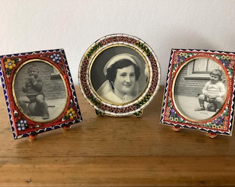 Vintage photo frame Italian micro mosaic with many colors, round or rectangular with oval photo window - gold colored metal photo frame