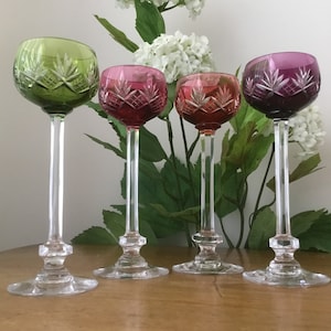 Val St Lambert Crystal 4 Liqueur Glasses Beautifully Cut Motifs Belgian Crystal Liqueur Glass in 4 colors